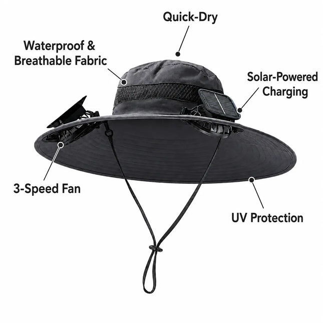 Solar-Powered Cooling Hat with Dual Fans and UV Protection