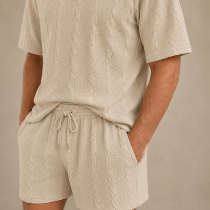 Men’s Casual Jacquard Shirt and Shorts Set Lightweight Summer Outfit