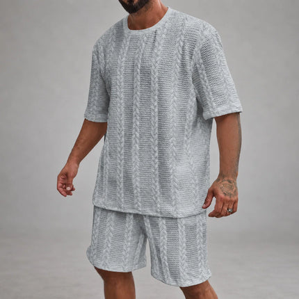 Men’s Casual Jacquard Shirt and Shorts Set Lightweight Summer Outfit