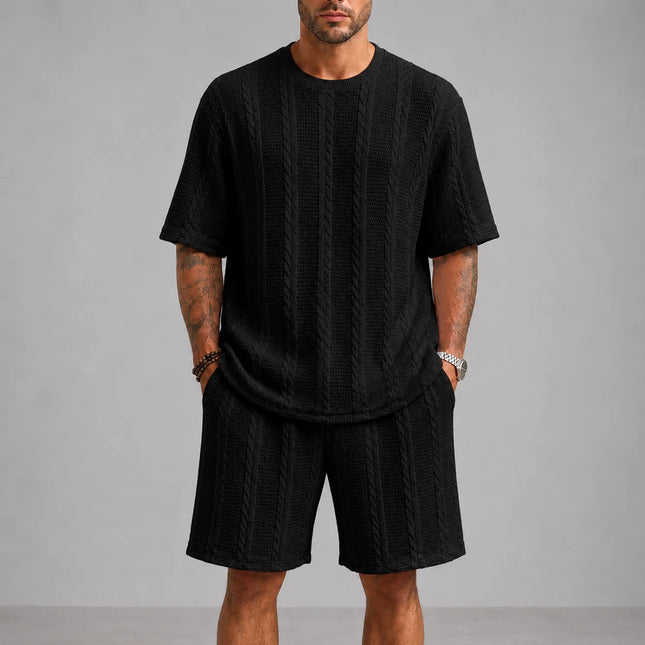Men’s Casual Jacquard Shirt and Shorts Set Lightweight Summer Outfit