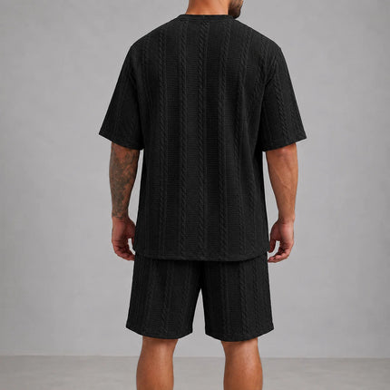 Men’s Casual Jacquard Shirt and Shorts Set Lightweight Summer Outfit