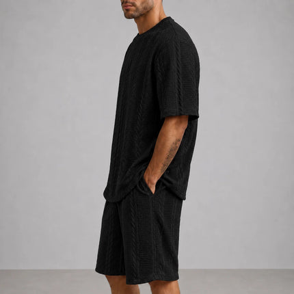 Men’s Casual Jacquard Shirt and Shorts Set Lightweight Summer Outfit