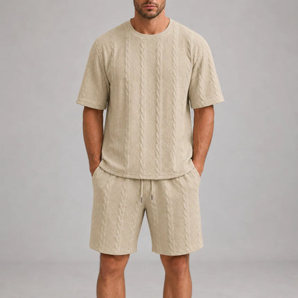 Men’s Casual Jacquard Shirt and Shorts Set Lightweight Summer Outfit
