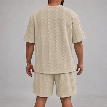 Men’s Casual Jacquard Shirt and Shorts Set Lightweight Summer Outfit