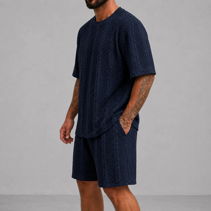Men’s Casual Jacquard Shirt and Shorts Set Lightweight Summer Outfit