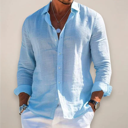 Men’s Linen Long Sleeve Button-Up Shirt with Collared Neck