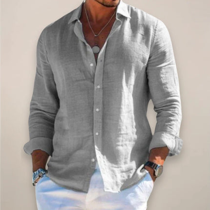 Men’s Linen Long Sleeve Button-Up Shirt with Collared Neck